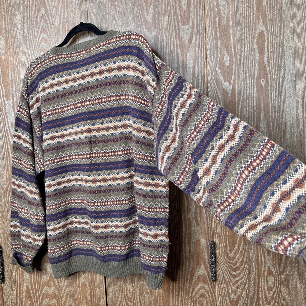 VTG Earthy Men Large Sweater Fair Isle Geometric Stripe Cotton Blend USA Presick - Picture 7 of 8